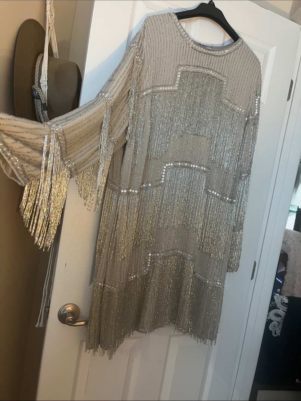ASOS Curve Silver Sequin Fringe Long Sleeve Dress